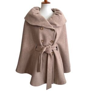 Vintage 90s Calvin Klein Oat Wool Cape Coat Tortoise Buttons Belted S/M